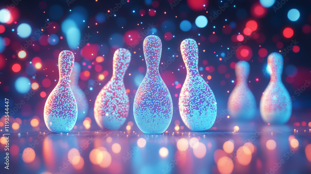 Poster bowling from the particles. skittles and ball are composed of circles and dots. vector illustration
