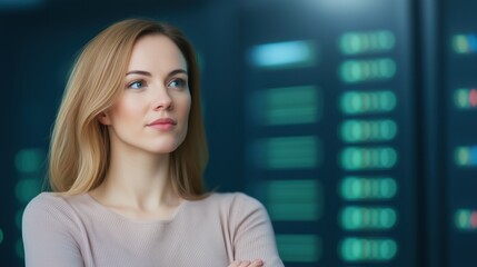 Professional Female IT Specialist in a Modern Server Room Discussing Technology Trends and Innovations in Data Management and Cybersecurity with Focused Expression and Confident Demeanor