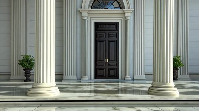 Elegant entrance with columns, a door, and potted plants in a spacious hall.