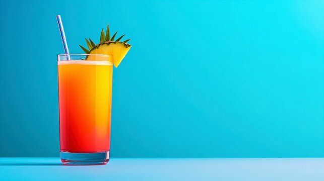 Vibrant tropical drink garnished with a slice of pineapple and straw against a bright blue background