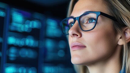 Focused IT Specialist Analyzing Software on Computer Screens, Concept of Technology Support, Cybersecurity, Data Analytics, Wearing Glasses for Professional Precision in Modern Workspaces