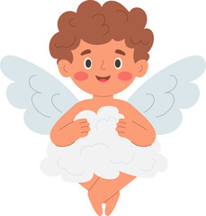 Charming Cupid sitting on a cloud and smiling cheerfully. Valentine's Day. Vector illustration.