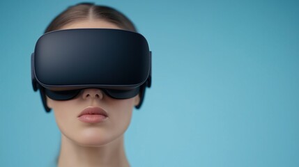 Professional Woman Using VR Headset in Close-Up Portrait with Blue Background Reflecting Advanced Technology and Modern Digital Experiences