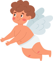 Cute cupid flying in the clouds. Valentine's Day. Vector illustration.