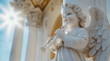Naklejka premium Cherubic angel statue plays flute, church backdrop, religious art