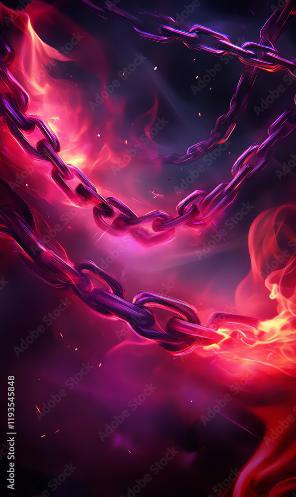 Poster a vibrant display of chains intertwined with fiery colors, symbolizing strength and transformation i