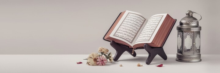 Quran Open on Stand with Lantern and Flowers