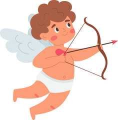 Cute flying cupid with bow and arrow. Valentine's Day. Vector illustration.