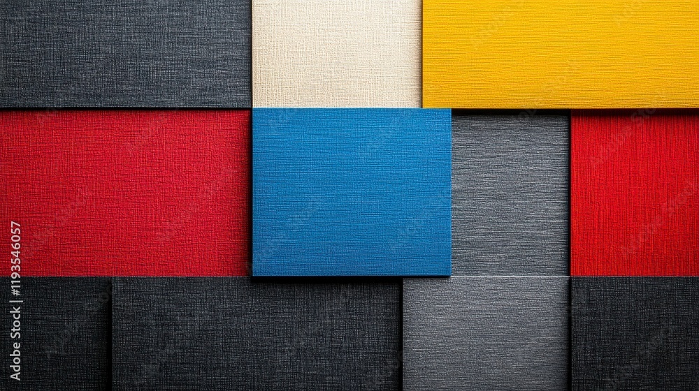 Poster an abstract arrangement of colorful textured panels in a modern design, emphasizing vibrant hues and