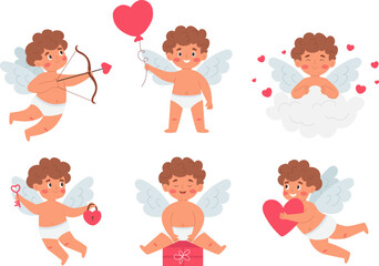 Set of charming cupids in different poses. With heart, on cloud, with bow and arrow, gift box, with key and lock, with heart shaped balloon. Valentine's Day set. Vector illustration.
