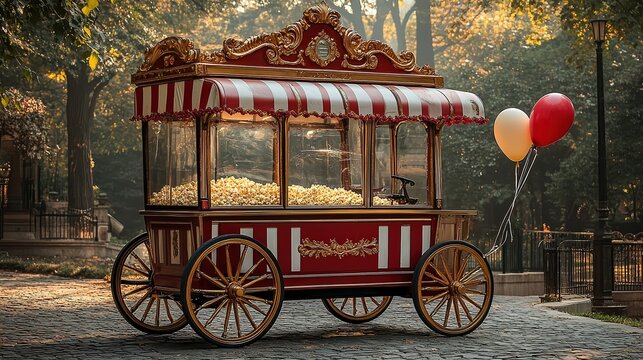  Vintage circus popcorn cart with ornate gold trim and bold red details, parked on a cobblestone street. Evokes the charm of old-fashioned fairs and traditional circus snacks.
