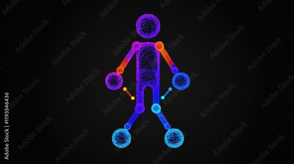 Poster abstract representation of a human figure made of colorful interconnected lines and spheres against 