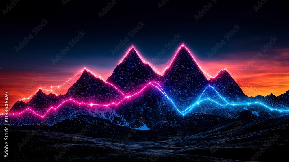 Poster digital mountain landscape at dusk with neon wave patterns illustrating growth and movement in a fut