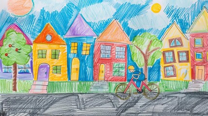 A colorful drawing of a cyclist riding past vibrant houses under a sunny sky.