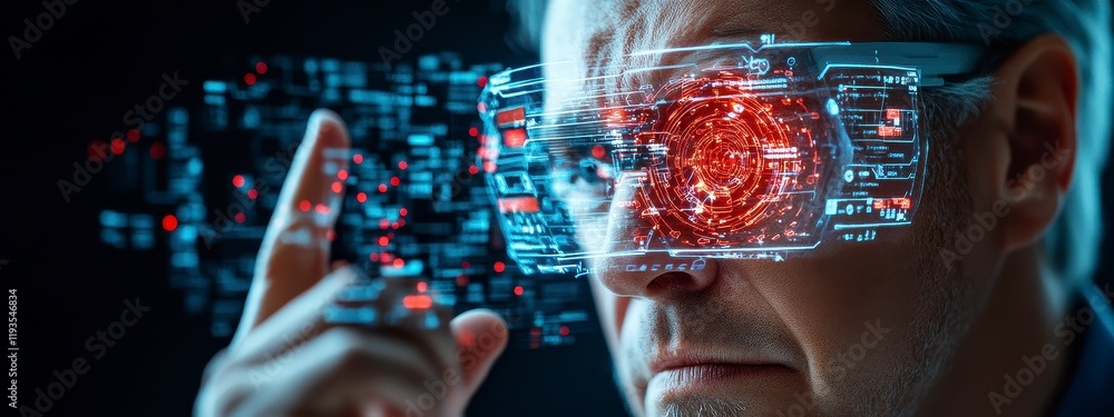 Poster a futuristic man wearing augmented reality glasses interacting with digital data in a high-tech envi