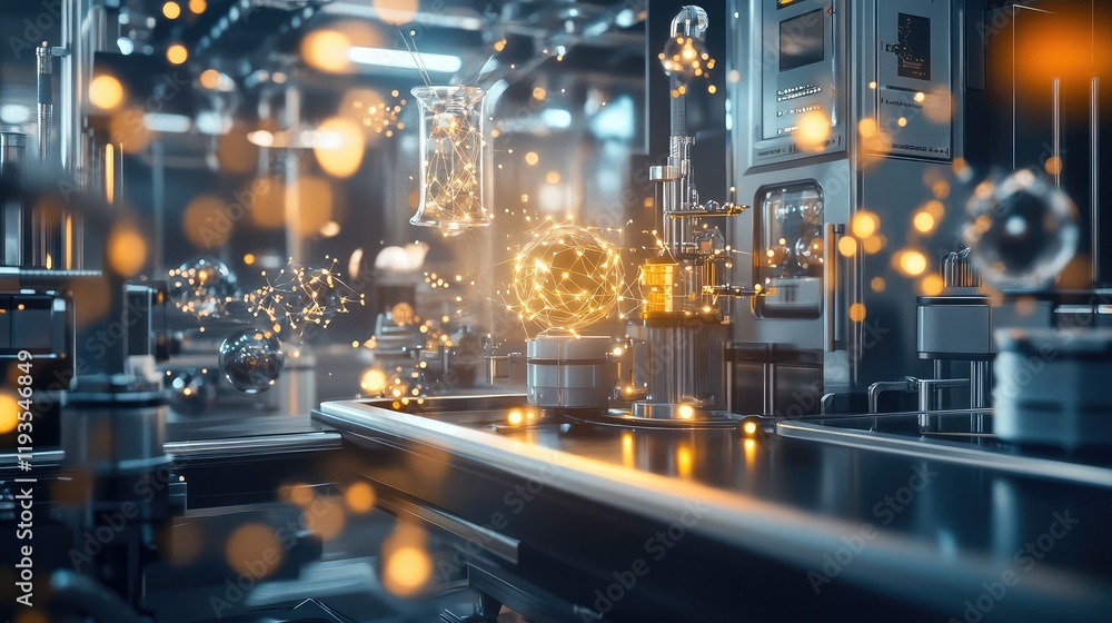 Poster conceptual image of quantum research, with floating quantum particles and advanced equipment in a fu