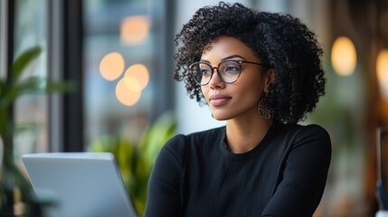 African female adult with glasses working on laptop in modern cafe