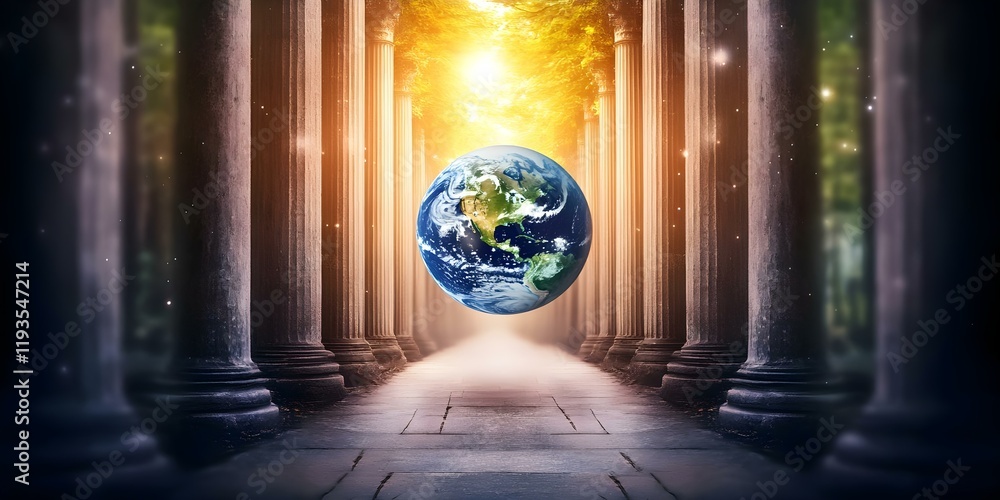 Poster a realistic globe of earth suspended in a mystical corridor lined with tall columns and illuminated 