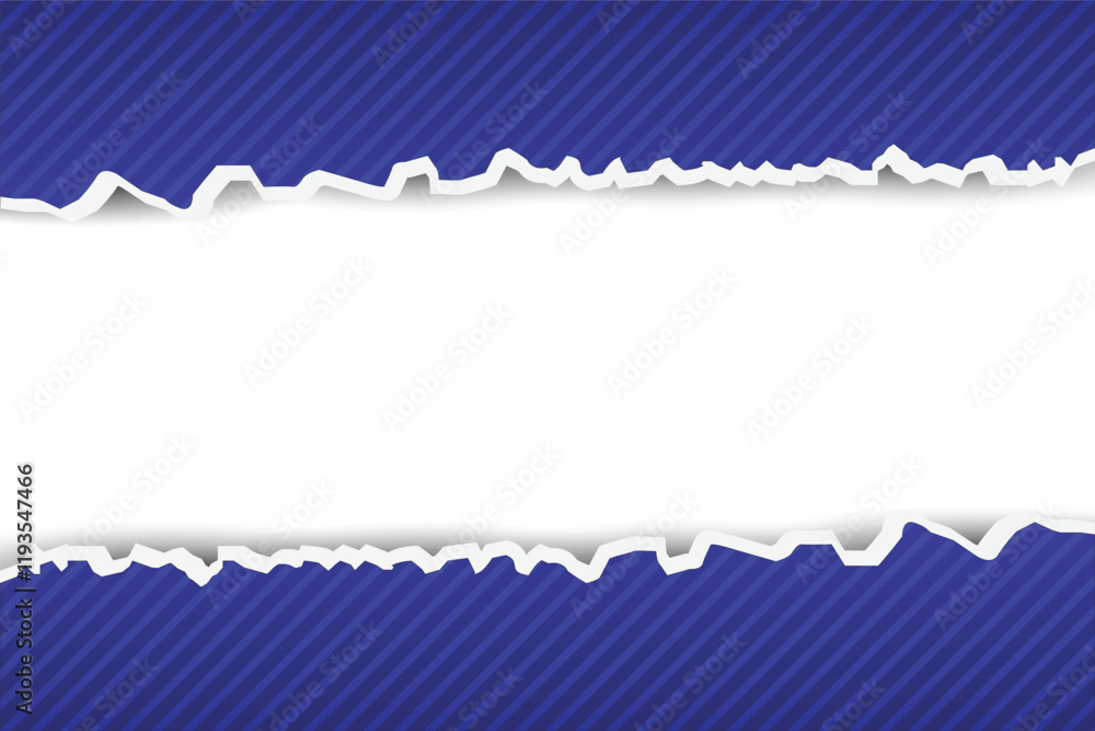 Poster dynamic torn paper frame with transparent center and bold blue striped background in vector illustra