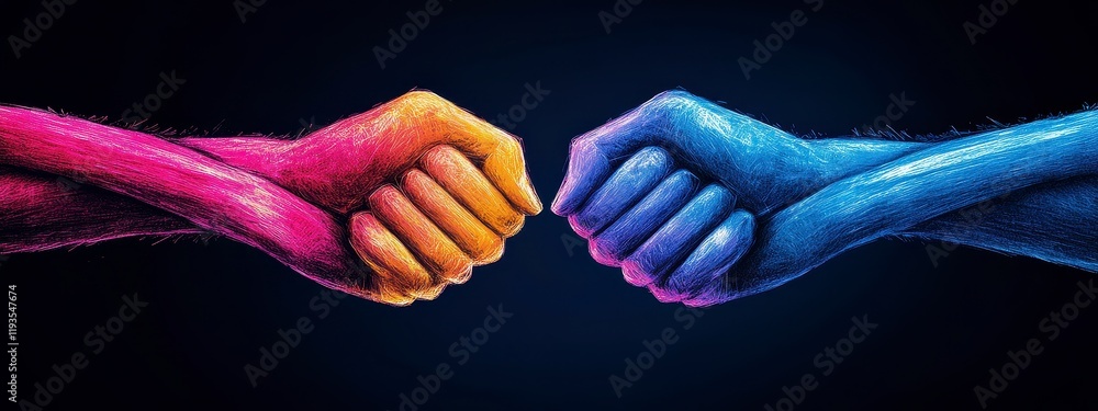 Poster a powerful representation of unity and diversity illustrated by vibrant fists in contrasting colors 