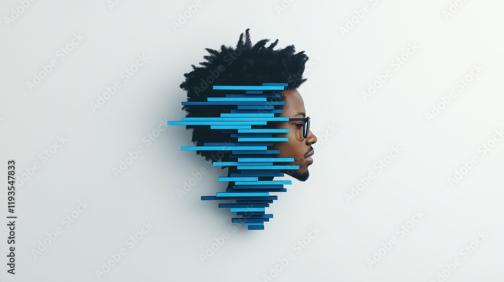 Poster a creative conceptualization illustrating a profile of a man with abstract blue lines emanating from