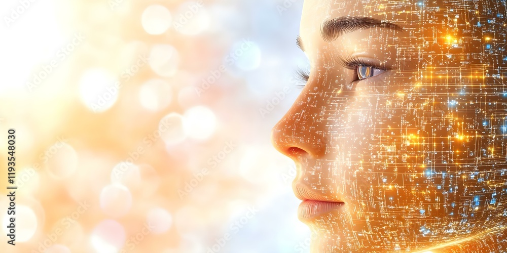Poster a human-like face featuring digital elements and glowing patterns, representing a fusion of technolo