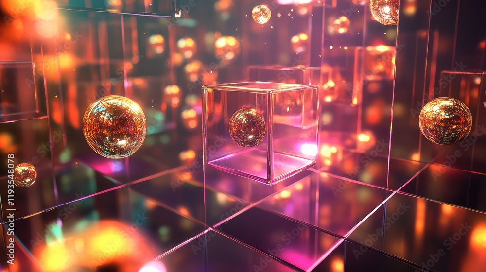 Poster conceptual image of qubits as glowing spheres suspended in a transparent cube