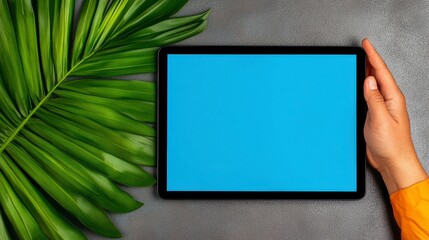 Hand holding a tablet beside a large green palm leaf against a textured gray surface, creating a modern, stylish workspace ambiance.