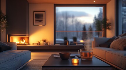  Cozy living room with a glowing fireplace, radiator, and steam gently rising from a cup of tea on the coffee table. A warm and inviting setting perfect for relaxing on a chilly day.