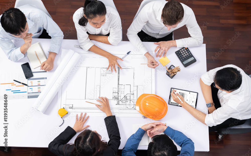 Poster Top view banner of diverse group of civil engineer and client working together on architectural project, reviewing construction plan and building blueprint at meeting table. Prudent