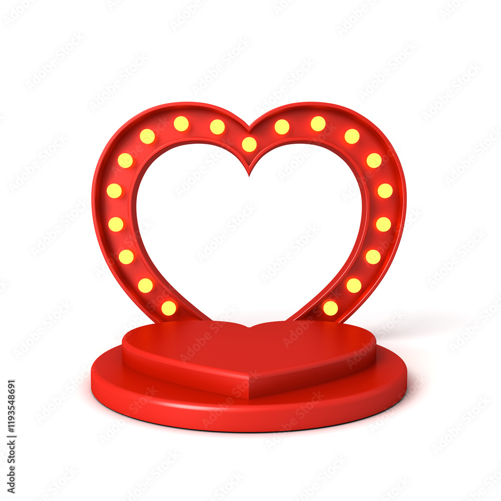 Poster blank red love heart shape podium pedestal with retro yellow neon light bulbs or blank valentines pr