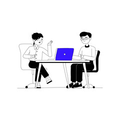 Two Colleagues Discussing Work At The Office Table With A Laptop In Flat Vector Illustration Symbolizing Office Collaboration And Teamwork, Isolated On White Background.