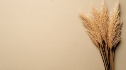 Aesthetic arrangement of soft, dried pampas grass on a smooth beige textured surface showcasing natural elegance and simplicity