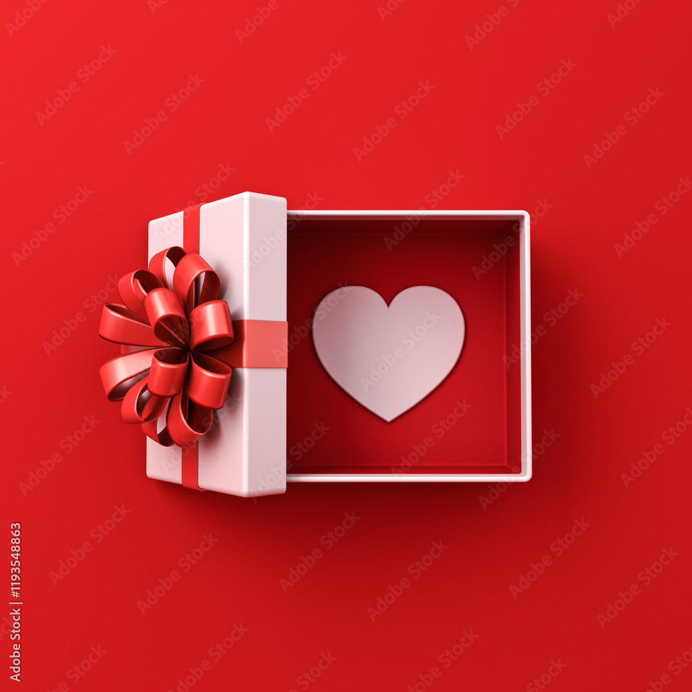 Poster Blank white gift box open with love like heart or top view of white present box tied with red ribbon bow isolated on dark red background with shadow minimal valentines day conceptual 3D rendering