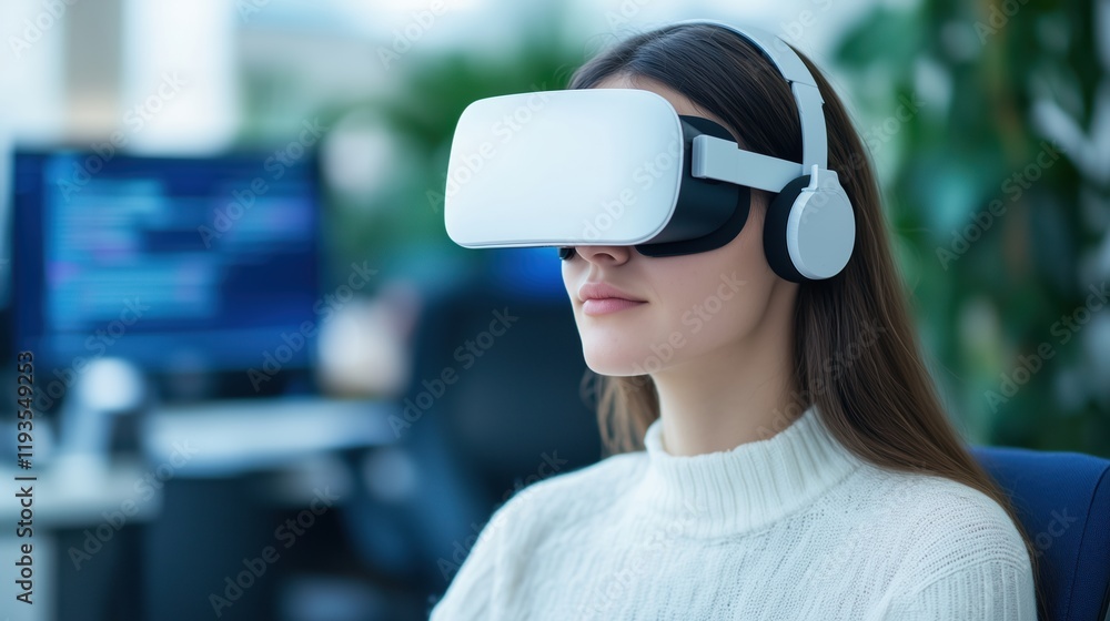 Poster woman using virtual reality headset while working with computer in office environment, embracing fut