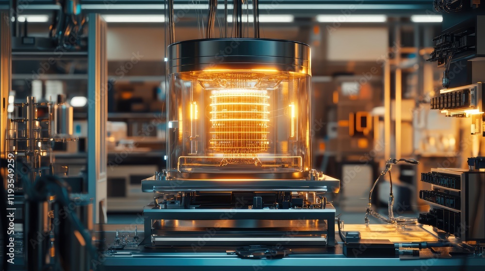 Poster conceptual quantum computing workspace featuring a glowing central processor and sleek, high-tech eq