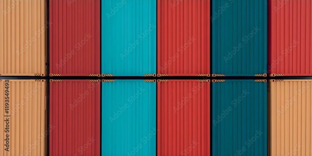 Poster a grid of colorful shipping containers arranged in rows and columns, featuring shades of red, blue, 