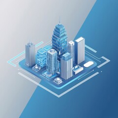 Blue Cityscape Illustration: Isometric View of Futuristic Urban Landscape