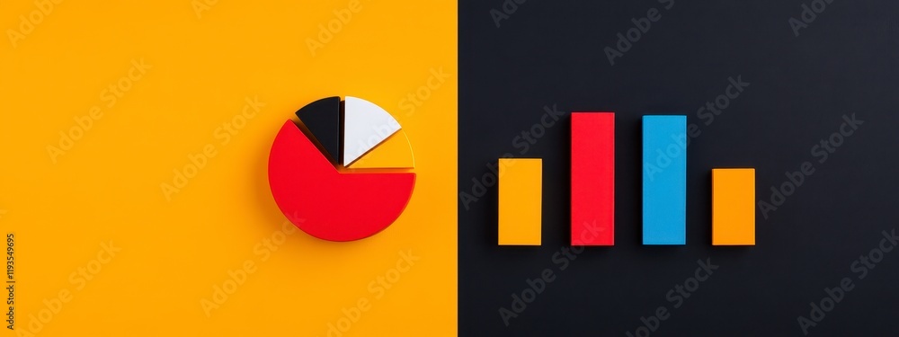 Poster colorful representation of business analytics in a creative abstract setting featuring pie and bar c
