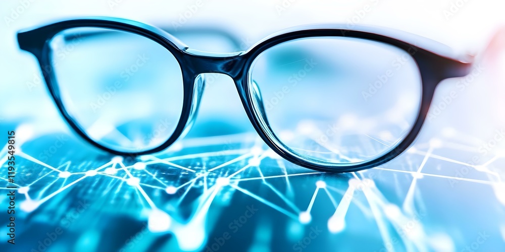 Poster a pair of black-framed eyeglasses resting on a blurred background with digital-like patterns and lig