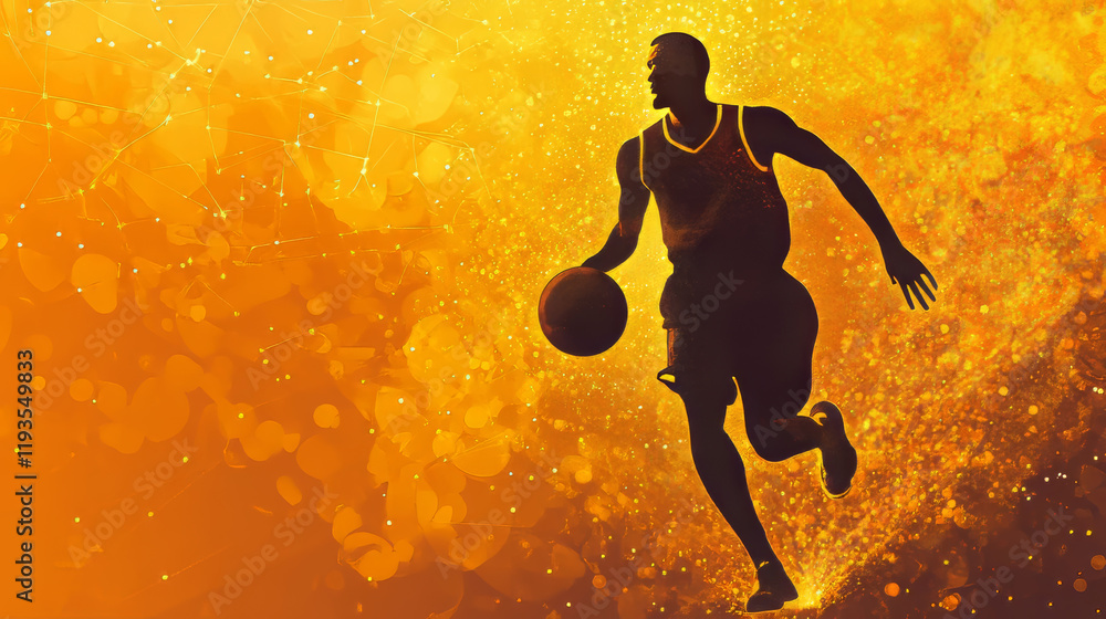 Poster basketball of the particles. a silhouette of a basketball player consists of circles and points. vec