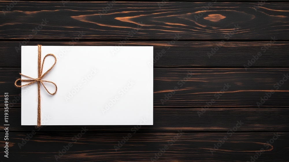 Poster a neatly wrapped blank gift box tied with a rustic twine bow resting on a dark wooden table showcasi