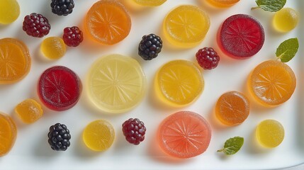 Assorted Fruit Gummies and Berries Arranged on a Plate