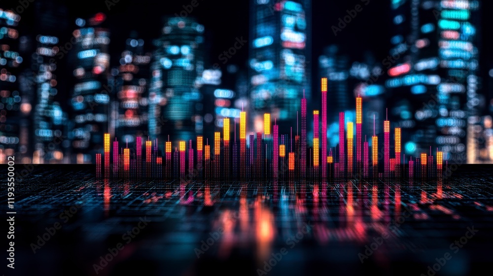 Poster futuristic city skyline with vibrant data visualization and sound wave representation in a digital e