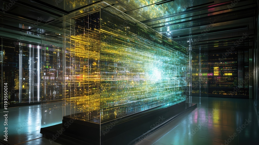 Aufkleber conceptual quantum supercomputer encased in glass, radiating light beams and complex data streams