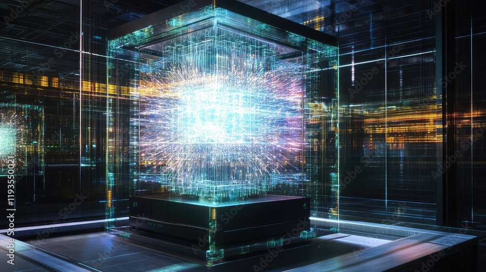 Poster conceptual quantum supercomputer encased in glass, radiating light beams and complex data streams