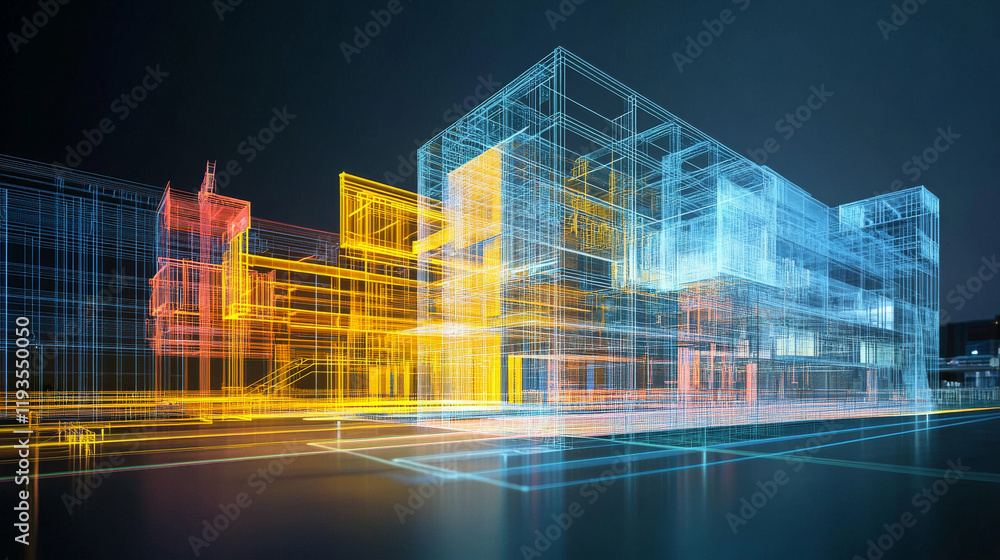 Poster the hologram industry. cooling towers made of polygons, triangles of points and lines. factory low-p