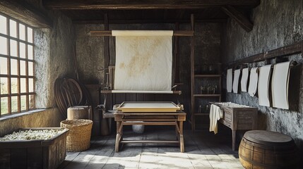 A rustic paper-making setup with a screen, pulp, and drying racks