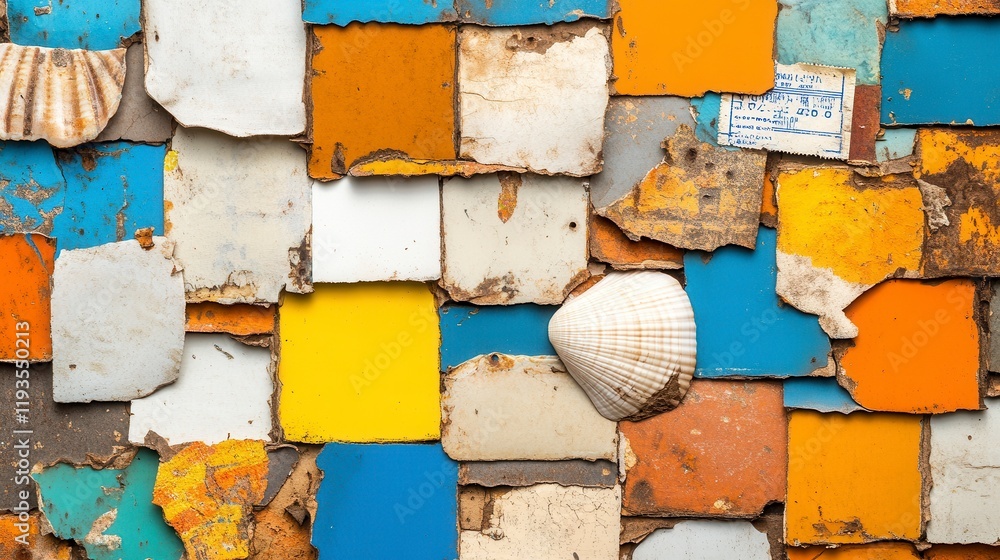Poster colorful patchwork of weathered paint and a shell accenting a rustic backdrop with vivid hues and te