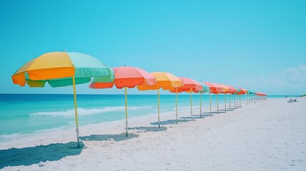 Colorful beach umbrellas line a pristine sandy shore